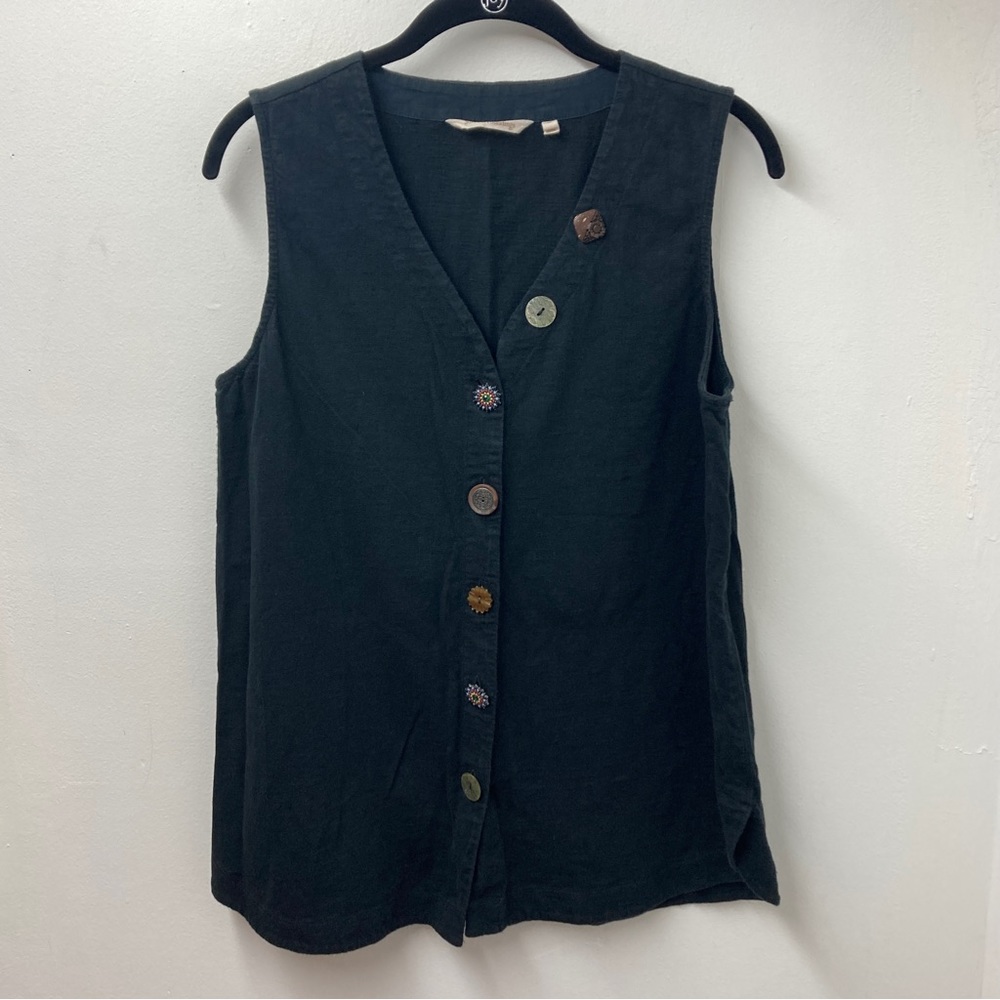 Soft Surroundings Womens Black Mixed Button Up Sleeveless V Neck Top Size M